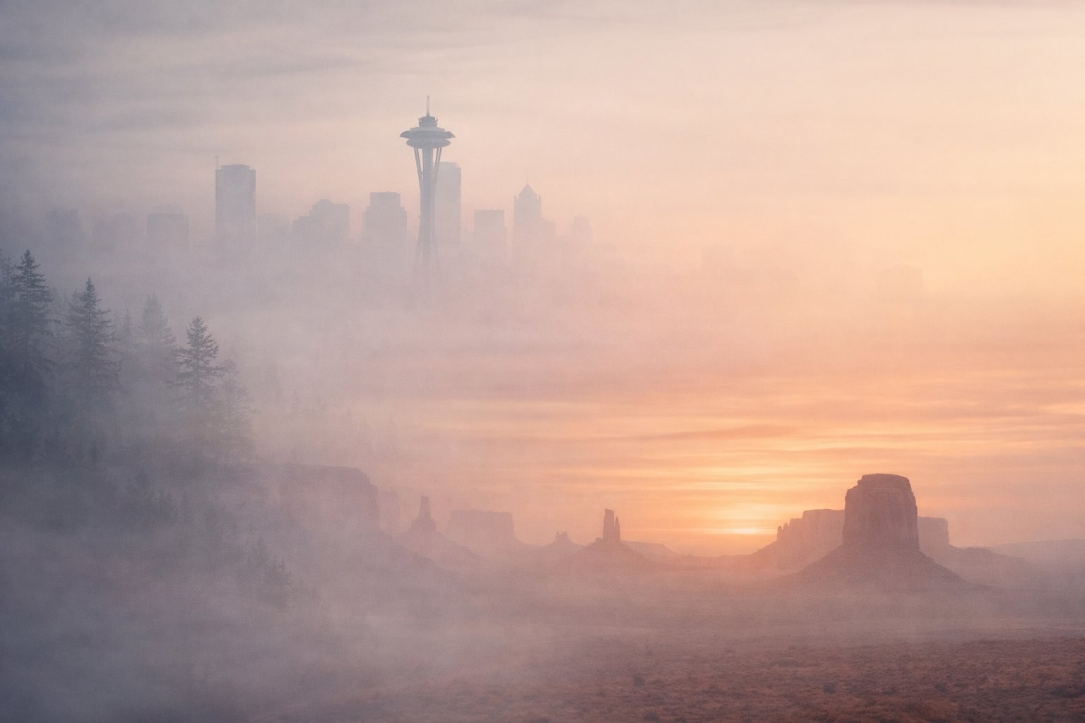The Seattle skyline and evergreens dissolving through morning mist into the buttes of Monument Valley at sunrise